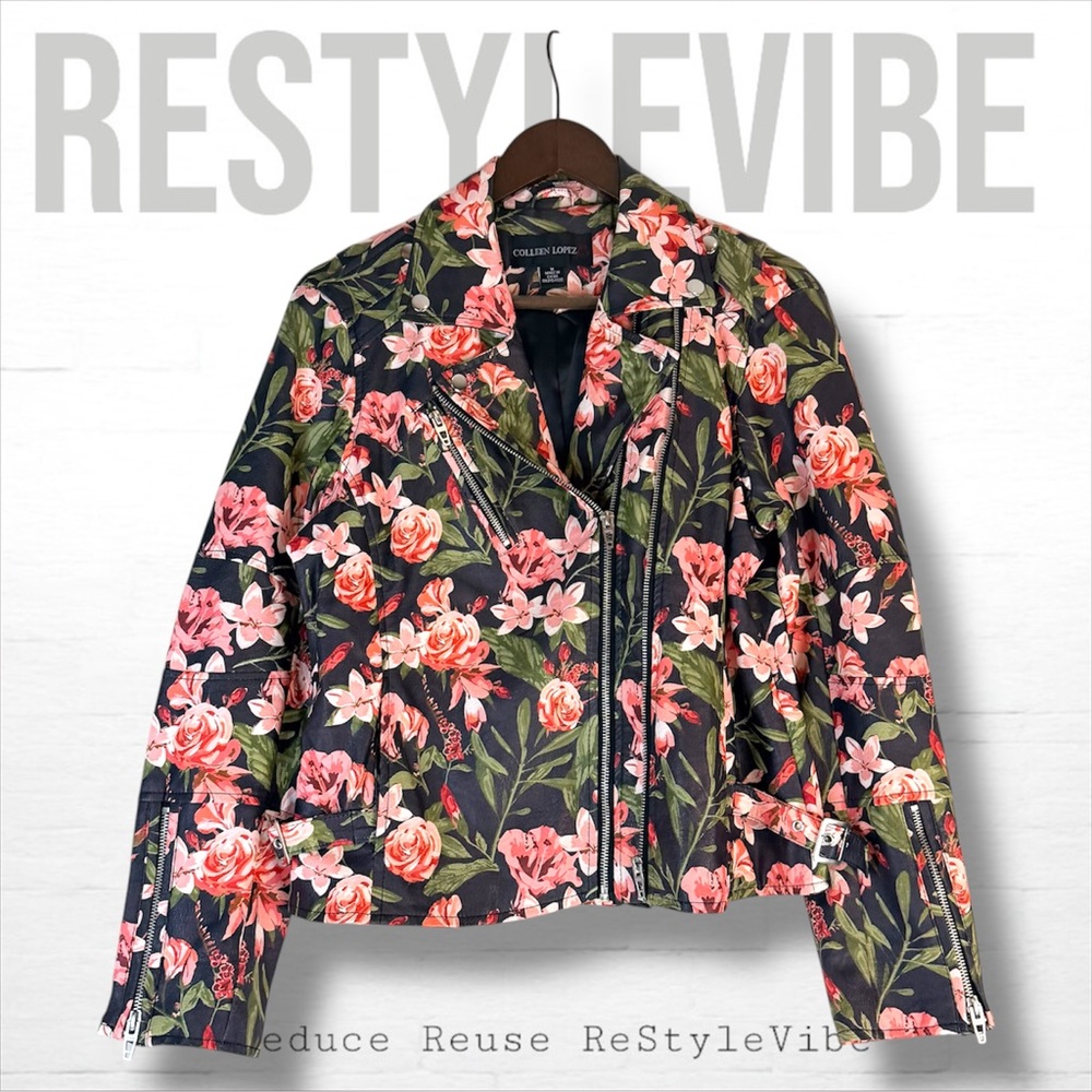 COLLEEN LOPEZ Women’s Size M Jacket Coat Moto Floral Style Lined Vegan Leather